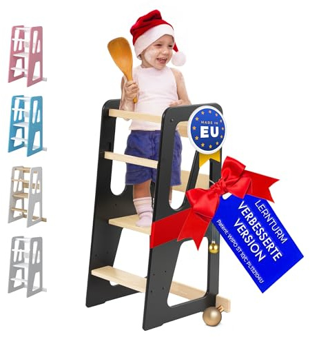 Lernturm ab 1 Jahr mit Anti-Kipp-Schutz – Höhenverstellbarer Montessori Learning Tower aus FSC-Massivholz – Bis zu 50kg belastbar – Für Kinder, für Küche, Tisch und Bad – MEBLE WRÓBEL®
