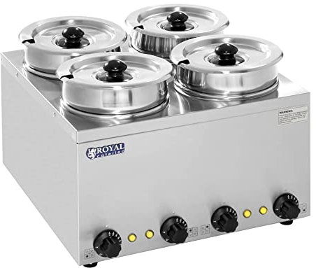 Royal Catering RCBM-14-3500-R Bain Marie Suppenstation Wasserbad Speisenwärmer mit Ablasshahn (4 x 2,75 L, 4 Einsatztöpfe, 30-110 ° C Temperaturbereich, 4 x 150 W, Edelstahl)