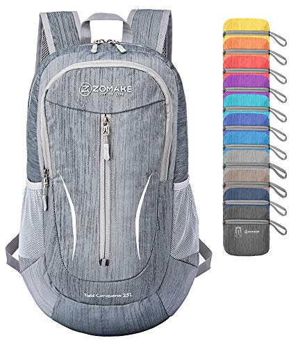ZOMAKE Faltbarer Rucksack Leicht 25L,Kleiner Rucksäcke Wasserdicht Wanderrucksack Packable Backpack für Damen Herren Outdoor Wandern(Mittelgrau)