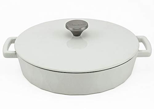 HearthStone Cookware - Cocotte baja Diamond de Hierro Fundido Esmaltado, Blanca, 28 cm, 3.8 l. Para Todas las Superficies, incluyendo Inducción y Horno.