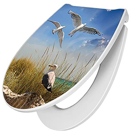 banjado Premium Toilettendeckel mit Absenkautomatik 45x38,4cm / WC Brille Soft Close/hygienischer Toilettendeckel/Klodeckel Duroplast mit Edelstahl Scharnier/Motiv Möwen