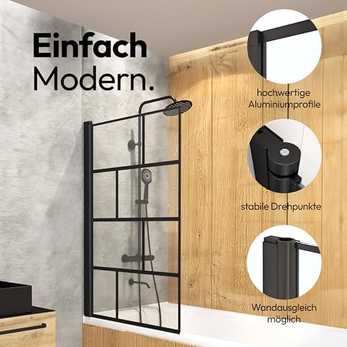 MARWELL Duschwand Bricks 75x125 cm – 1-flügelige Duschabtrennung in matt schwarz – Trennwand aus Glas für Badewanne – Montage auf Duschwanne