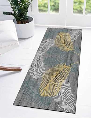Ymural Teppich Läufer Flur Küche Grau Feder Muster Modern Teppichläufer 100x300CM rutschfest Meterware Waschbar Flurläufer Lang Polyester Küchenläufer für Korridor Schlafzimmer, Anpassbar