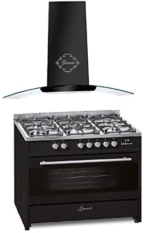 GURARI Herdset Gas-Standherd GCH E 911 BL+GCH T 465 90 BL Prime, Backofen Set 90 cm, Schwarz, 121 L, Erdgas/Propangas/FL.Gas+Dunstabzugshaube 90 cm 1000m³/h Wandhaube in schwarz mit Glas