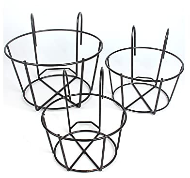 ZONADAH Pack of 3 16cm Small Flower Pot Holders Round Hanging Railing Planters Iron Garden Fence Balcony Porch Plant Baskets Support Rack Shelf Containers Gardening Indoor or Outdoor Black
