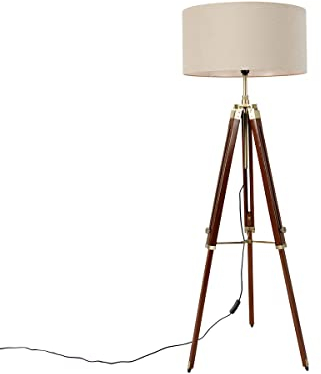 QAZQA - Industrie I Vintage I Stehleuchte I Stehlampe I Standleuchte I Lampe I Leuchte Messing mit Schirm hellbraun 50 cm Stativ - Cortin I Wohnzimmer I Schlafzimmer - Holz Rund I Länglich - LED geeig