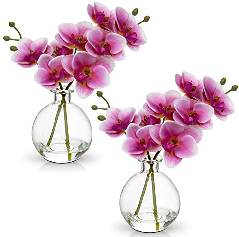 2 pcs Künstliche Orchideen rosa mit Glasvase, Kunstpflanze Decor Orchideen Kunstblumen im vase mit Real Touch Blüten, Gefälschte Orchideen künstliche Bonsai für Hotel Wohnzimmer Büro Küche