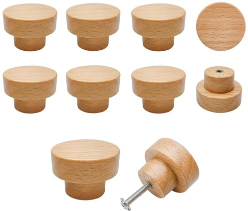 Bmgop 10 pomelli rotondi in legno di faggio naturale, con parte superiore piatta, 35 mm, per cassettiera, cassetti, armadietti da cucina
