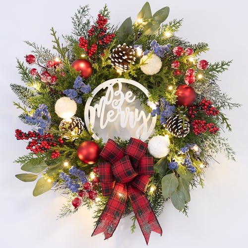 Prelit Christmas Wreath for Front Door Outside,22 inch Be Merry Wreath with red Black Buffalo Plaid Bow,Lighted Farmhouse Christmas decoration-30 LED Light/Timer,Winter Door Wreath, Porch Decor
