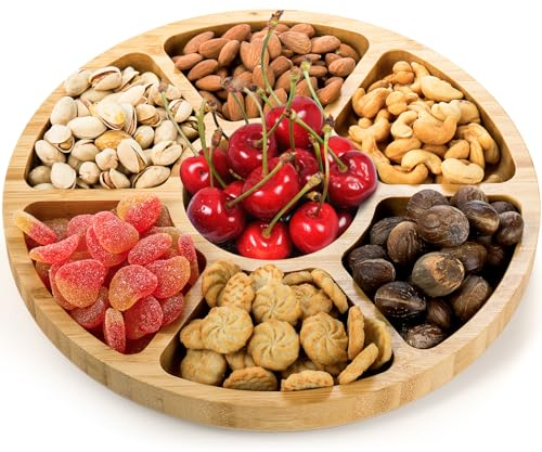 Dicunoy Divided Serving Dish Tray, 13'' Bamboo Rotatable Veggie Fruit Platter, Lazy Susan Relish Sectional Snack Container Bowls with 6 Compartments for Candy, Appetizer, Nuts, Parties