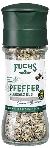 Fuchs Gewürze - Pfeffer-Meersalz Duo - mit originalem Belém Pfeffer, ideal als Tischwürze mit verstellbarem Mahlwerk - 70 g in wiederverwendbarer Mühle