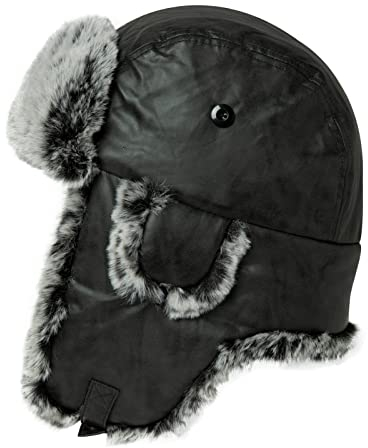 TOP-EX L/XL Winter Trapper-Hut Kunstleder Aviator Pilotenmütze Damen Herren Schwarz Warm Gefütterte Kunstpelz-Hut mit Winddichten Ohrenklappen