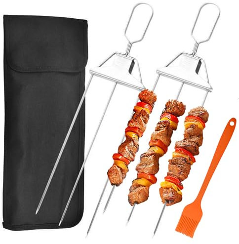 Jogoico Pincho de Barbacoa de 3 Puntas Brochetas de Acero Inoxidable Reutilizables Brochetas de Kebab con barra de empuje Brochetas de la Parrilla Brochetas de Metal para Carne Verduras - 2 piezas