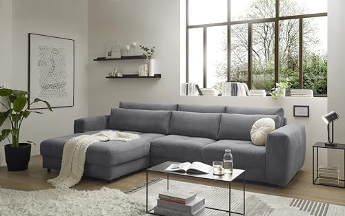 Ecksofa BARURA Cord Dunkelgrau – XXL Couch in L-Form mit großer Liegefläche, modernes Sofa 333x194 cm, inklusive Kissen