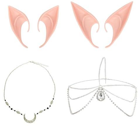TogtherKings 2 Stück Elf Ears, Retro Mond KopfKette+Kristall Kopfschmuck, Elfenohren, Cosplay Fairy, Karneval Halloween Kostüm Anime Party Cosplay Zubehör