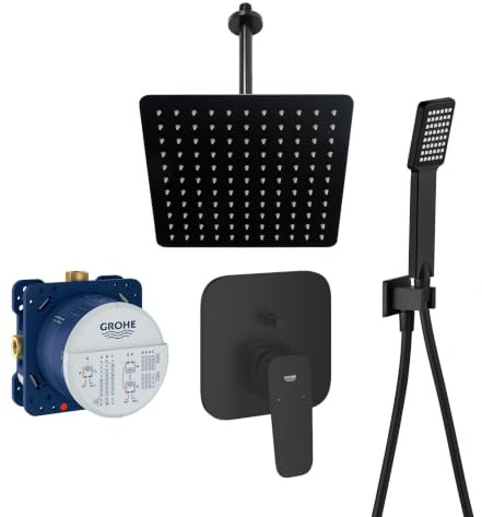 vanvilla Duschsystem Unterputz mit Duscharmatur Grohe schwarz GS02 | Duscharmatur von Grohe Cubeo Einhebelmischer und vanvilla Regendusche Duschkopf eckig, Dusch-SET schwarz matt