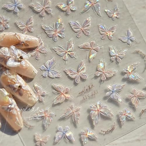 Nayyana Glänzende Aurora-Muschel-Schmetterlings-Nagelaufkleber, Relief-Schmetterlings-Nagelkunstaufkleber, Laser-Schmetterlings-Nageldesign-Nagelaufkleber für Frauen, Maniküre