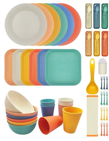 YEEBECA 69 Piezas Vajilla De PláStico, Juego De Vajilla Camping 6 Persone Sin BPA, Con Tabla De Cortar Plegable Y Cuchara Diseñada Para Evitar El Goteo.