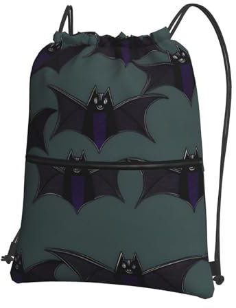 Rich&Rabbit Rucksack mit Fledermaus-Muster, Kordelzug, Reißverschluss, Sport, Turnbeutel, Training, Turnbeutel, Yogatasche, Schwarz, Einheitsgröße