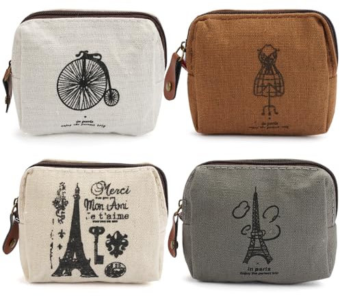 4 Stück Geldbeutel Mini aus Leinwand, Kleines Portemonnaie für Damen, Kinder, Täschchen mit Reißverschluss und Muster, Münzgeldbeutel Vintage, Münzbörse Mini, für Münzen, Karten, Schlüssel, 10.5x9cm