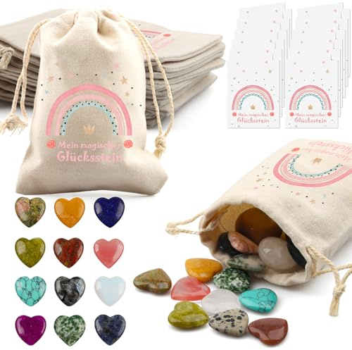 12 pietre portafortuna per bambini, regalo di compleanno per bambini, con pietre preziose, sacchetti di iuta e pietre magiche, per battesimo, comunione, matrimonio o regalo di gnomi, portafortuna per