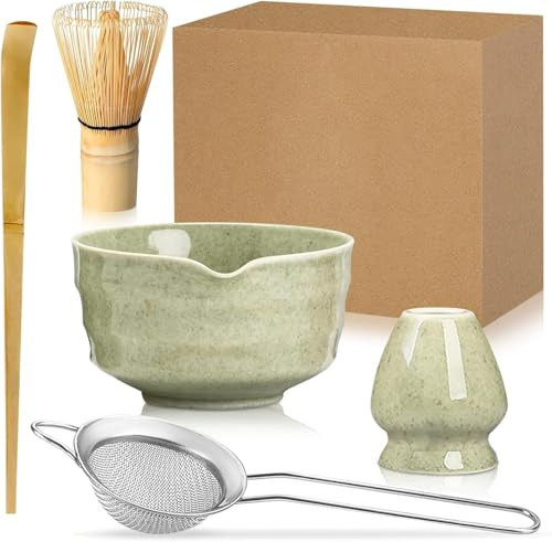Duscdesp Matcha Set: 5 Bamboo Broom, Ceramic Bowl with Spout Whisk, Shovel, Strainer