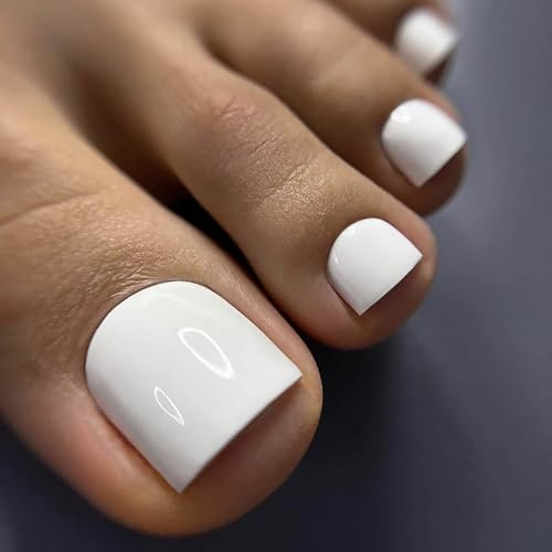 24Pcs Glossy White Press-on Toenails - Short Square Full Cover Fake Tips for Women's Foot Nails - Cute Solid White Acrylic Design for Women and Girls