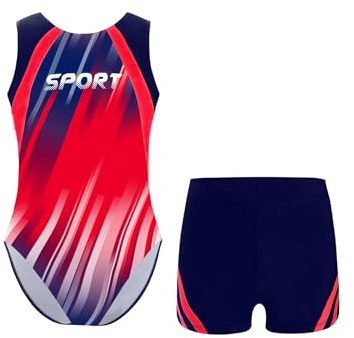 HULIJA Jungen Gymanstikanzug Ärmellos Ballett Trikot mit Kurze Shorts Set Gymnastik Leotard Kurz Hose Turnanzug Ballettbody Wettbewerb Rot 134-140