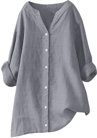 Tunique en Lin Femme Col en V Chemisier Tops avec Boutons DéContractéS Ample Couleur Unie Chemisiers et Blouses Tunique Femmes Chic et Elegant LâChe Respirant T-Shirts Grande Taille Pas Cher Soldes