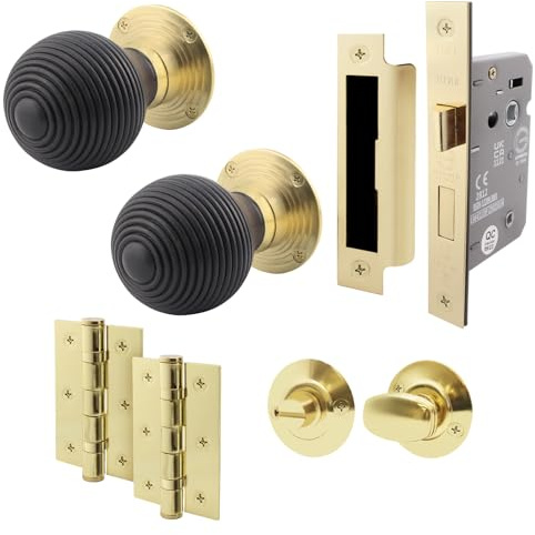 EAI Ebony Wood Door Knobs with Bathroom Lock 80mm, Hinges, 1 Pack - Beehive | Complete Bathroom Kit with 1 Pair of Beehive Mortice 55mm Door Knobs, 80mm Bathroom Lock, 76mm Hinges, Fixings Included