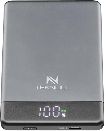 TEKNOLL Power Bank 5000mAh MagSafe, Wireless 10W y USB-C 20W PD, Batería Portátil con Pantalla LED, Carga Magnética para iPhone y Smartphones Compatibles, Diseño Compacto y Ligero