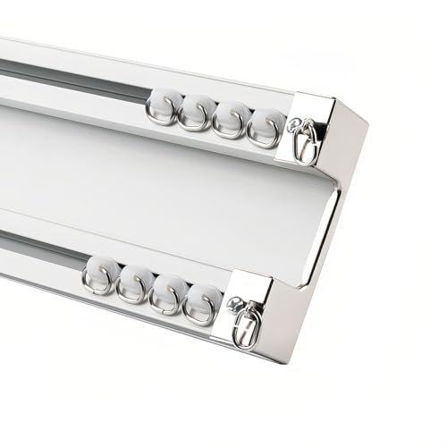 70cm~600cm Vorhangschiene 2 Läufig, Gardinenschiene Deckenmontage, Deckenschiene Mit Stummen Rollen Für Vorhänge Fenster Balkon Büros Hotels Kliniken(White,5.0FT/150CM)