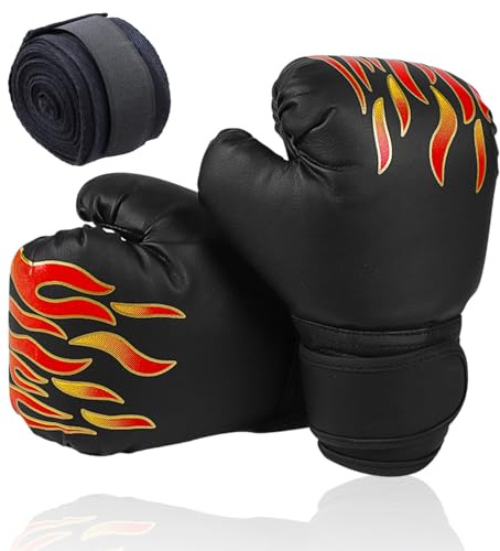 Tibapla 2 Stück Boxhandschuhe Kinder, Junior Sparringhandschuhe Kickboxhandschuhe für Muay Thai PU mit 1 Paar Boxhandschuhe Handbandage für Training Alter 3-13 Jahre