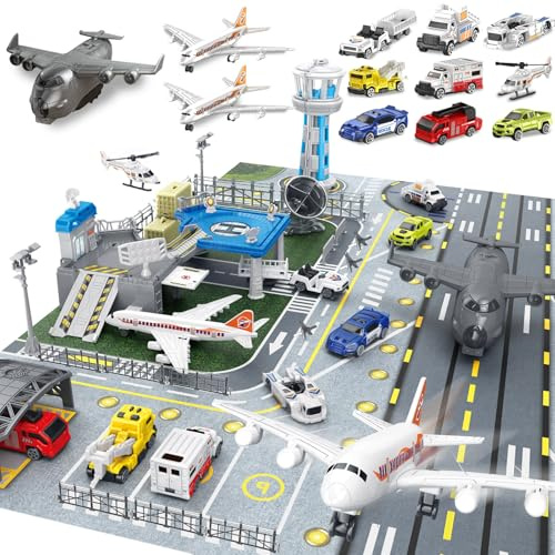 Frontoytall Airplane Toy Set, Boys Plane Playset with Die-cast Trucks STEM | Airport Playmat, Helicopter, Control Tower, Parking Apron, Gifts for Toddlers Boys 3+ Years Old, Kids Presents for Birthday