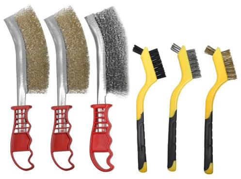 6 Pezzi Filo Insieme di Spazzola(Acciaio, Ottone, Nylon), Sverniciatore Metallo, Spazzole Metalliche con Impugnatura in Plastica, per Rimuovere Ruggine e Polvere e Pulizia Profonda