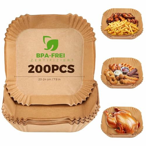 Backpapier für Heißluftfritteuse,200 Stück 20×20cm Backpapier,Food-Grade BPA Free,Einweg Antihaft-Ölfrei Pergamentpapier,für ölfreie Fritteusen 5-8 L