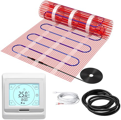 KEZERS Elektrische Fußbodenheizung 150W/m², selbstklebend für Fliesen Laminat und mehr, Touch-Digital-Thermostat mit Wochenprogramm für Badezimmer | Flur | Schlafzimmer | Wohnzimmer,1.0x0.5m - 0.5 qm