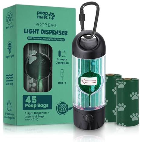 Poop Mate Dog Poop Bag Dispenser with LED Flashlight & 45 Bags (3 Rolls) – USB-C Rechargeable, Waterproof, Anti-Slip Clip, Hands-Free Dog Waste Bag Holder for Night Walks & Outdoor Adventures