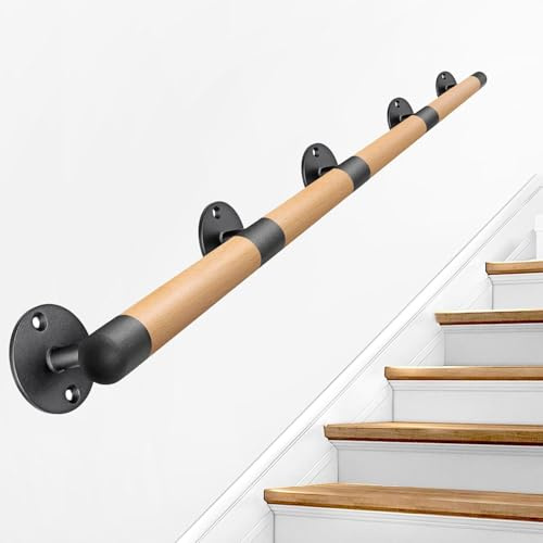Wooden Stair Handrail for Walls, Staircase Banister Hand Rails for Indoor Stairs Outdoor Steps Grab Rail, Non-Slip Staircase Railing - Black Metal Iron Bracket(11ft/330cm)