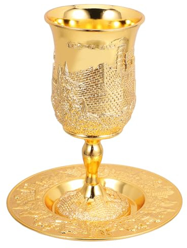 SEWACC Juego de 1 Copa de Kidush de Metal Dorado con Platillo para Vino Copa de Pésaj y Shabat Judaica para Festividades Judías