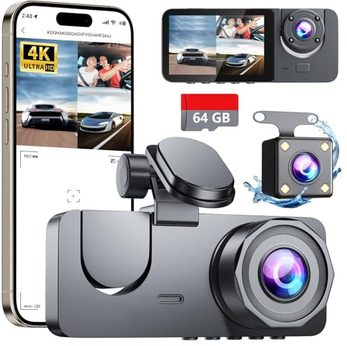 4K Dash Cam Front and Rear, DashCam Inserted 64GB SD Card, Car Camera with 5Ghz Wi-Fi, Dash Camera for Cars with Night Vision, G-Sensor,24H Parking Mode,170°Wide Angle,Loop Recording,App Control Black