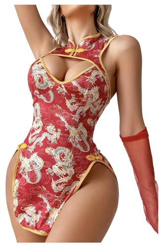 WDIRARA Women's Dragon Print Cut Out Cheongsam Lingerie Dress Slit Open Back Qipao Costume Outfits Red X-Small