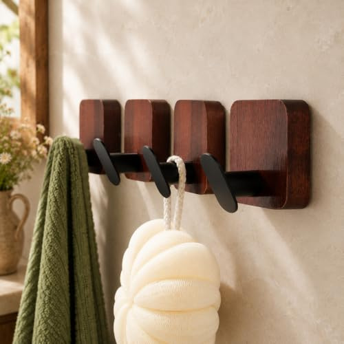 RUICER Holz Handtuchhaken Ohne Bohren Selbstklebend Haken 4er Klebehaken | Massives Naturholz, Rostfreier Edelstahl, Rustikaler Landhausstil, für Bad, Flur, Küche, Wohnzimmer, Geschenkidee