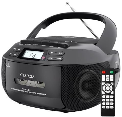 Boombox reproductor de CD con Bluetooth, radio AM/FM, control remoto, sonido estéreo, AUX/USB, grabación de cinta, alimentación CA/CC, conector para auriculares, pantalla LCD