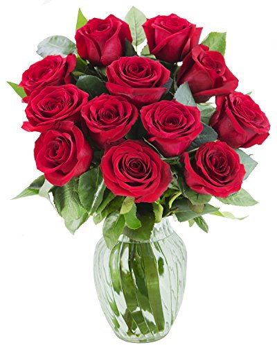 KaBloom - The Romantic Classic Bouquet of 12 Red Roses with Vase - Fresh Flowers for Birthday, Valentine's & Mother's Day