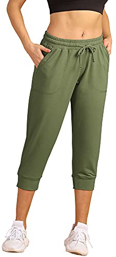icyzone Joggingbyxor för kvinnor, 3/4 sportbyxor, löparbyxor, lös passform, sweatbyxor, lediga capribyxor, Armé, M