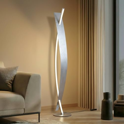 Lucande LED Stehlampe silber mit Touchdimmer, 24W LED, geschwungene Stehleuchte 140 cm, Standleuchte Wohnzimmer, Esszimmer