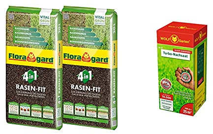 Floragard 4 in 1 Rasen-Fit 2x20 L für 20 m² • Rasenerde • Rasensubstrat zur Neuanlage & WOLF-Garten - »Turbo-Nachsaat« LR 25; 3826020