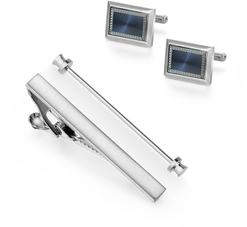 Ujoy Cufflinks Tie Bar Pin Set, Navy Blue Brass Tie Clip for Formal Lapel