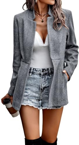chouyatou Women's Casual Business Open Front Long Sleeve Notch Lapel Office Blazer Jacket (Small, Grey)